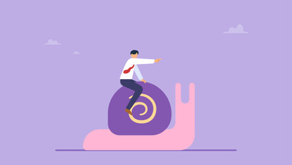 Businessman idiot leader riding slow snail never reach goal, losing business competition. Slow growth, inefficient or stupid mistake. © yedsgn