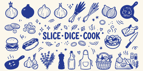 Hand-drawn kitchen doodles with onions garlic herbs and cooking utensils on a cream background © Ishtiaq