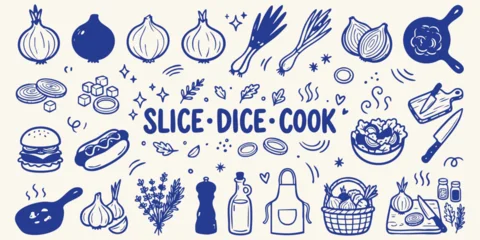 Hand-drawn kitchen doodles with onions garlic herbs and cooking utensils on a cream background © Ishtiaq