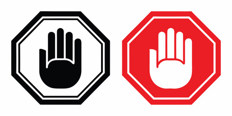 Octagonal Stop Signs With Hand Symbols Black And Red Versions © Savankar