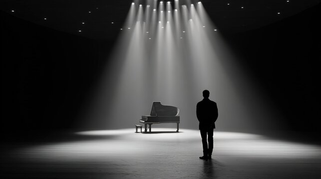 pianist. Spotlight on a grand piano and pianist silhouette in an empty concert hall. event programs, museum guides, designed for cultural heritage projects and event programs.