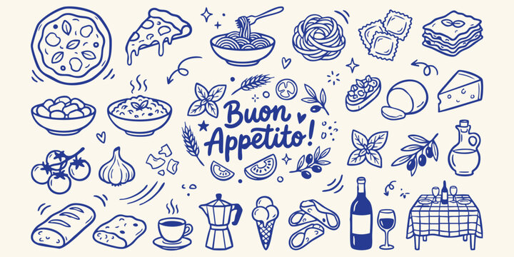 Italian food and drink doodles with Buon Appetito text on a cream background