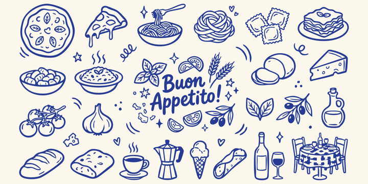 Italian food doodles in blue ink on a cream background celebrating a delicious meal with Buon Appetito text
