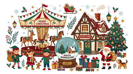 Fototapeta premium Christmas Village Scene with Carousel, Santa, Gifts, and Snow Globe