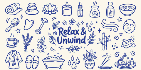 Relax and Unwind spa elements with floral accents in a hand-drawn doodle style on a light background