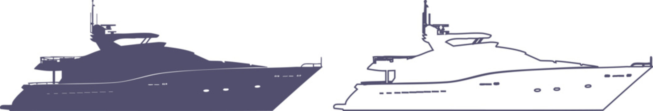 Side view silhouette and line outline of a luxury motor yacht, dark purple vessel shapes on a white background