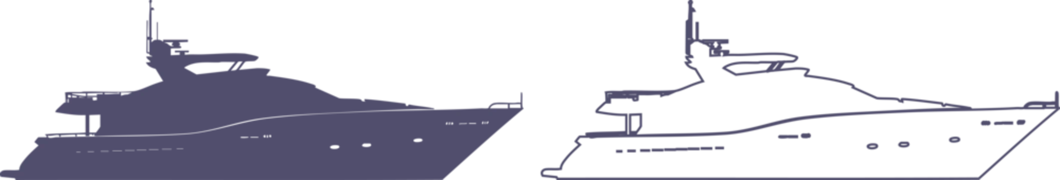 Side view silhouette and line outline of a luxury motor yacht, dark purple vessel shapes on a white background