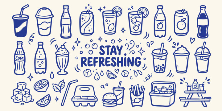 Various cold drinks and fast food items drawn in a simple doodle style on a light background signifying refreshment