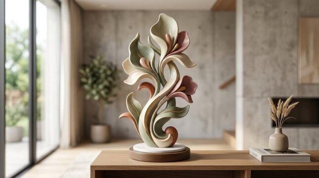 A colorful ceramic sculpture of a stylized flower with green, pink, and yellow petals, placed on a wooden table in a modern, minimalist living room with concrete walls and a large window.