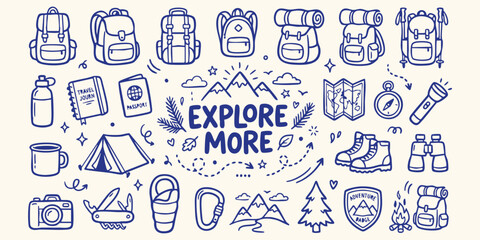Fototapeta premium Whimsical doodle collection of outdoor adventure gear and camping essentials with inspirational 'Explore More' text on a light background