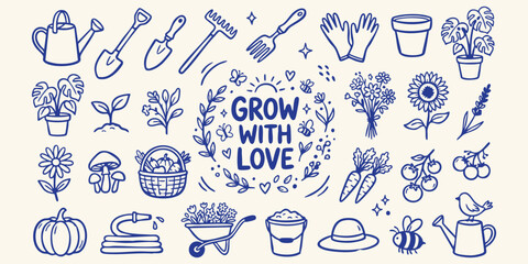 Whimsical garden doodle elements with 'Grow with Love' text during a bright day © Ishtiaq
