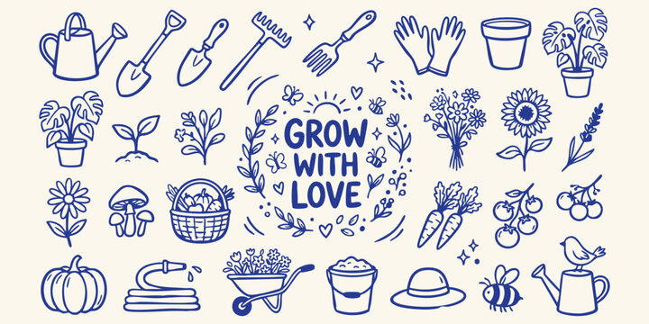 Whimsical garden doodle elements with 'Grow with Love' text during a bright day