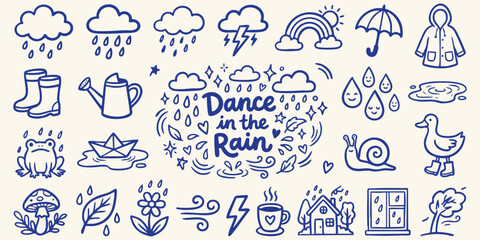 Whimsical hand-drawn elements depicting spring rain activities and weather icons in a doodle style on a light background © Ishtiaq