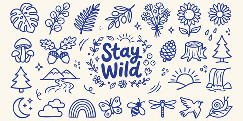 Whimsical hand-drawn nature elements and motifs with 'Stay Wild' lettering against a cream background for creative design © Ishtiaq