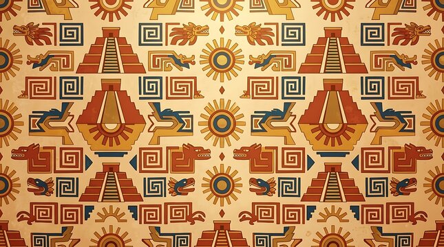 Mesoamerican geometric pattern with pyramids and ethnic symbols