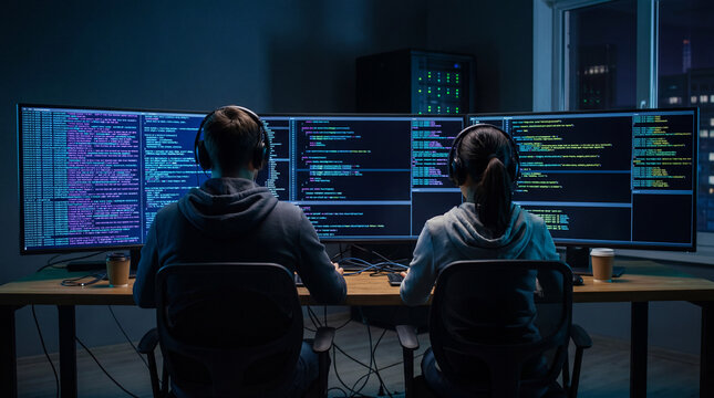 Two Developers Pair Programming on Multiple Screens in Dark Room