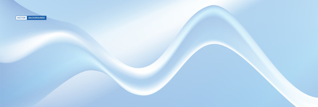 Abstract light blue panoramic background featuring a smooth 3D fluid wave shape and soft white glowing gradients.