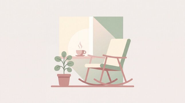 Minimalist rocking chair with a potted plant and a warm cup of coffee by a bright window in a cozy flat illustration for peaceful home interior design concepts
