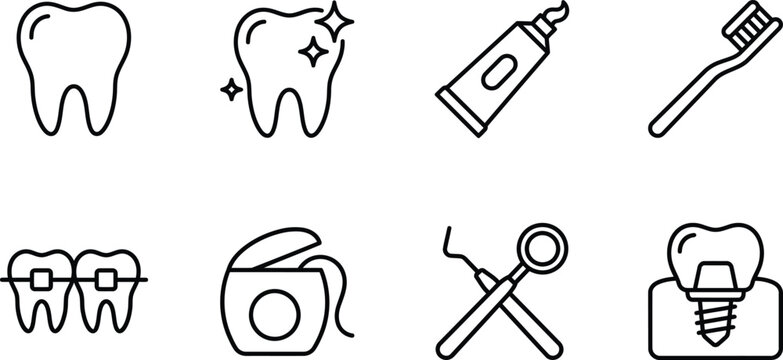 Dental hygiene line icons depicting teeth toothpaste toothbrush and orthodontic appliances on a white background tooth dentistry