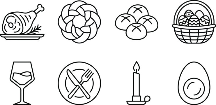Line art icons depicting ham challah bread rolls easter basket wine cutlery prohibition candle and egg wineglass