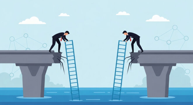 Businessmen using ladders to connect a broken bridge