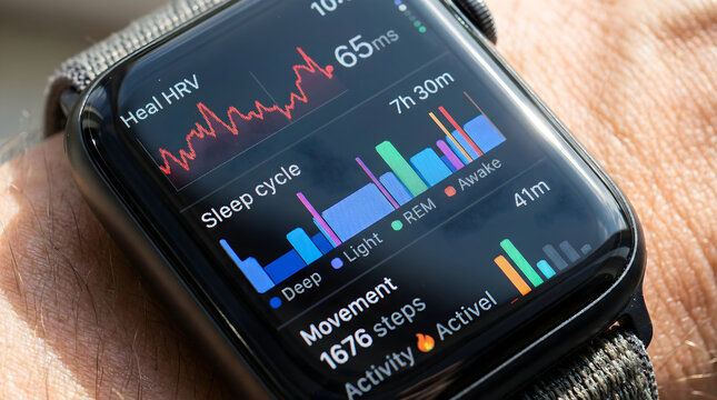 Smartwatch displays health data including sleep cycle and heart rate variability