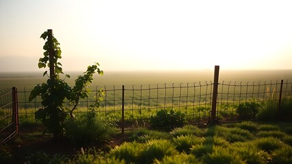 Obraz premium Vine-covered fence separating a small tended garden from a vast unknown field in morning light.