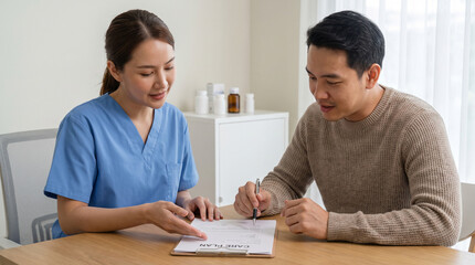Fototapeta premium Patient And Clinician Review Care Plan In Shared Decision Conversation