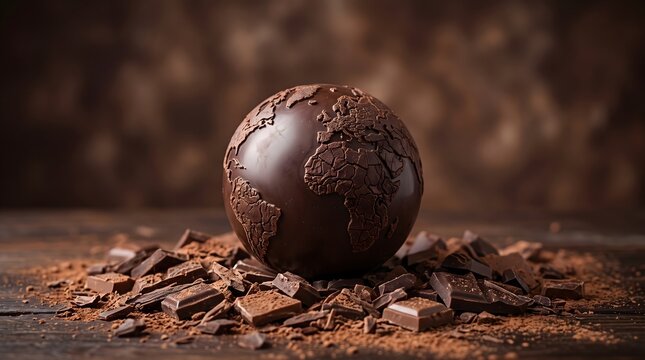 A delicious chocolate globe resting on broken pieces and cocoa powder representing worldwide confectionery and sweet indulgence