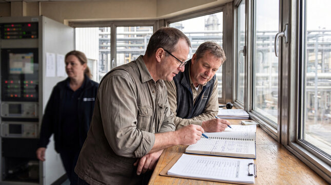 Operators Comparing Logbook Notes During Power Plant Shift Handover
