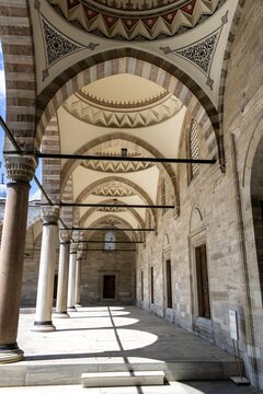 The arcade of the inner curtyard of Suleymaniye Mosque, a UNESCO World Heritage Site, Istanbul