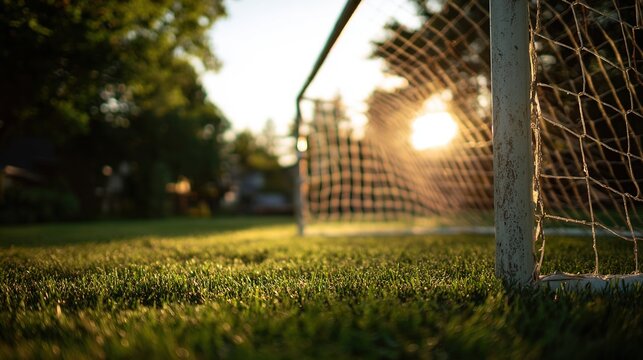 tournament. A soccer goal post stands tall on a vibrant green field, bathed in warm golden hour light. event key visuals, club posters, designed for sports event promotions and stadium branding.