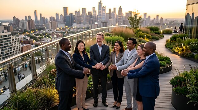 Diverse business team joining hands on city rooftop at sunset