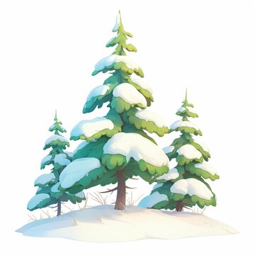 Cartoon pine tree group covered with white snow isolated on white background. Winter forest element for graphic design. Seasonal nature landscape illustration for Christmas and holiday project.