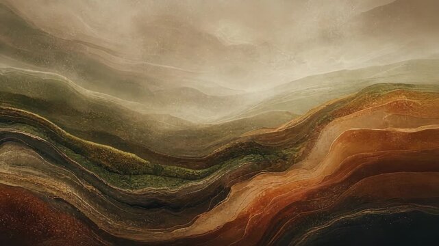 Abstract layered landscape in earthy tones with misty atmosphere