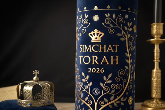 Elegant dark blue velvet Torah scroll cover featuring ornate gold floral patterns and a regal crown emblem with the festive text Simchat Torah 2026 displayed in bold golden metallic lettering style.