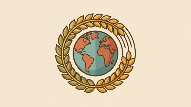 Stylized earth globe encircled by golden wheat stalks symbolizing global agriculture and sustainable food production in a minimalist flat vector design on a neutral background