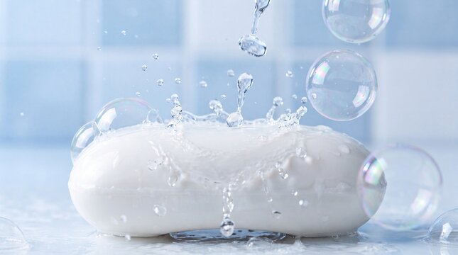 White soap bar under refreshing water splashes with floating bubbles in a bright bathroom setting for hygiene and skincare concept photography capturing cleanliness and purity in high resolution