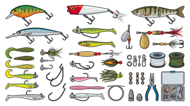 Fishing Lures and Tackle Collection: Diverse Baits, Hooks, and Tools
