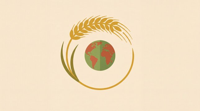 Minimalist wheat stalk encircling a flat earth globe illustration representing global agriculture and sustainable food security concepts on a soft textured beige background for corporate branding
