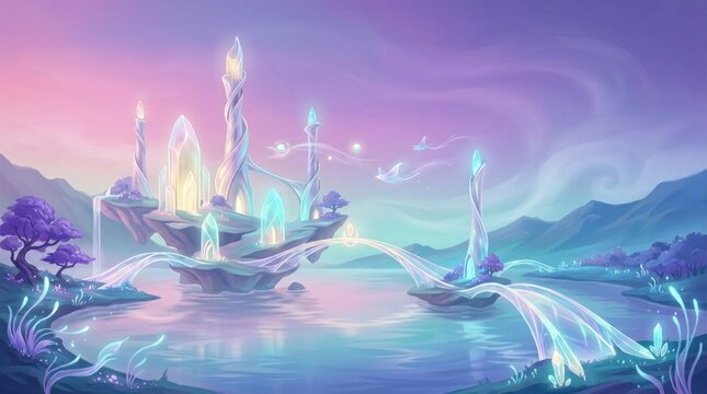 A magical, ethereal landscape with crystal towers, flowing water, and a serene, ethereal atmosphere.