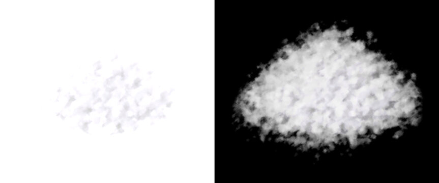 Split comparison preview showing a realistic white cloud cutout isolated on a transparent background and a black background for digital compositing.
