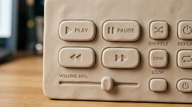 A close-up of a beige-colored, textured, rectangular object with various buttons and controls, 