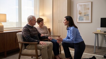 Fototapeta premium Doctor Discussing Diagnosis With Patient And Family Support In Clinic