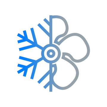 S&iacute;mbolo aire acondicionado. Logo climatizaci&oacute;n. Dibujo sim&eacute;trico con l&iacute;neas con la mitad de un copo de nieve de color azul, junto a las h&eacute;lices de un ventilador de color gris 