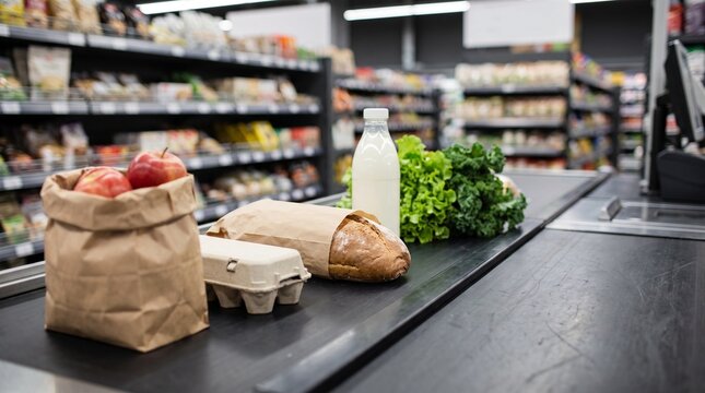 Grocery Checkout Conveyor With Everyday Food Items In Anonymous Store