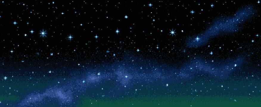 Continuous pixelated video game nebula backdrop. Wide star-filled midnight cosmic scene in classic pixel art design with dithering texture for 8-bit retro gaming. Illustration.