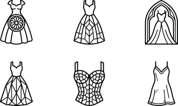 Collection of elegant womens dresses in a minimalist line art style featuring various patterns and silhouettes perfect for fashion design or digital pr