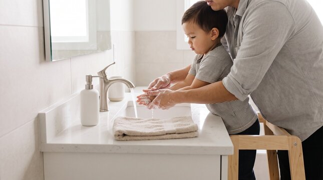 Parent Teaching Child Handwashing In Contemporary Bathroom Routine