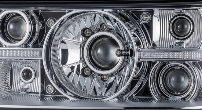 Close-up of car headlight with chrome details